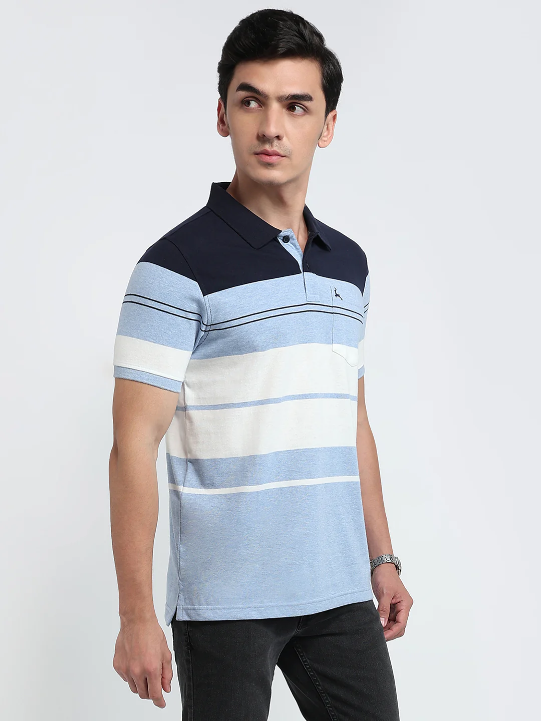 Parx Men Blue Yarn Dyed Regular Fit Cotton T-Shirt - Image 3