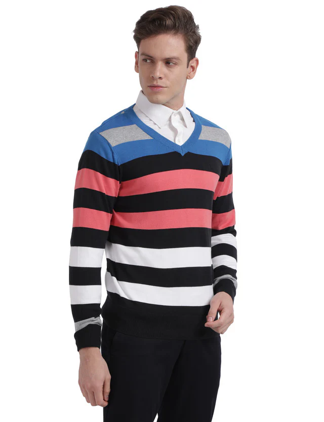 Parx Men Blue Yarn Dyed Regular Fit Full Sleeve V Neck Sweater - Image 2
