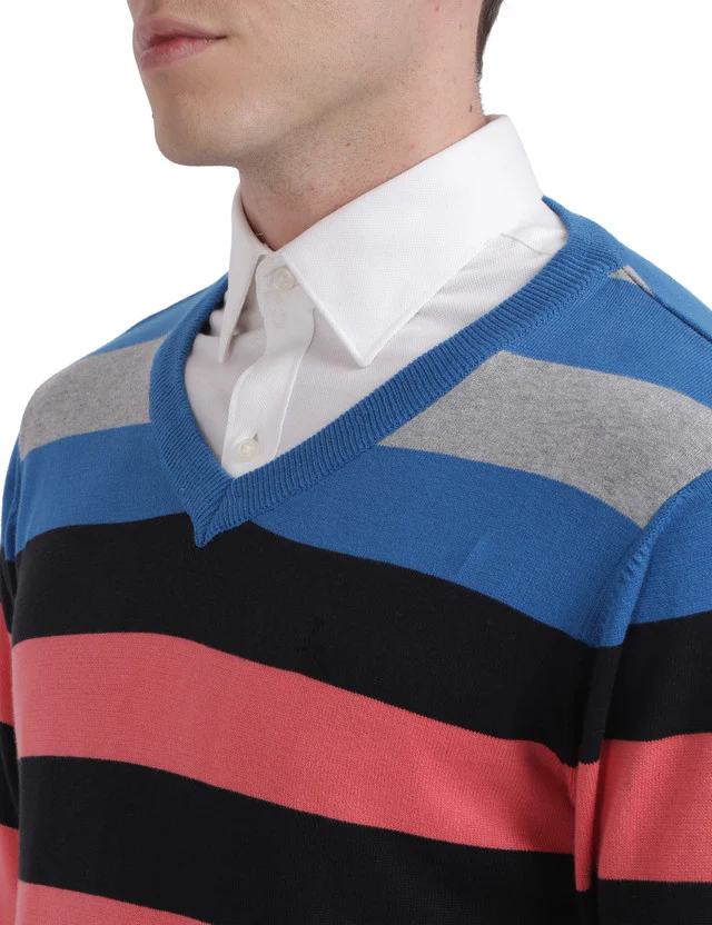 Parx Men Blue Yarn Dyed Regular Fit Full Sleeve V Neck Sweater - Image 6