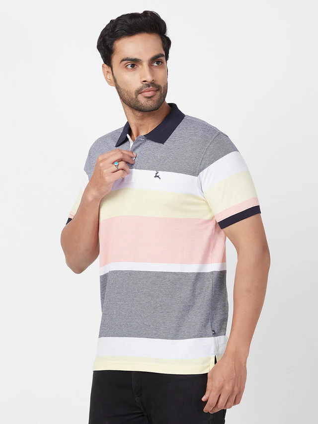 Parx Men Blue Yarn Dyed Regular Fit Half Sleeve Polo Neck T-Shirt - Image 3