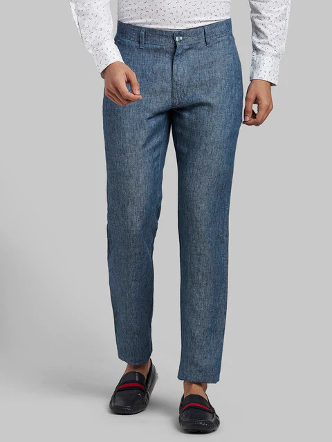 Parx Men Blue Yarn Dyed Slim Tapered Fit Linen Trouser