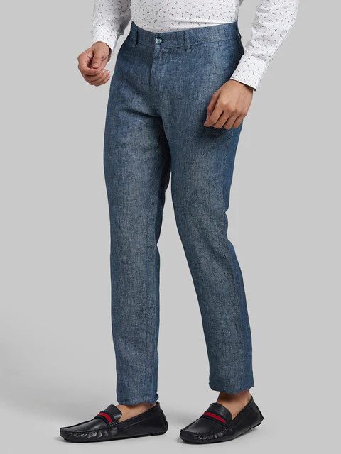 Parx Men Blue Yarn Dyed Slim Tapered Fit Linen Trouser - Image 3