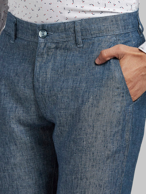 Parx Men Blue Yarn Dyed Slim Tapered Fit Linen Trouser - Image 6