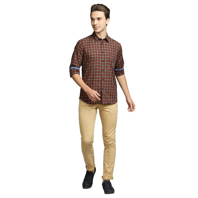 Parx Men Brown Checks Slim Fit Cotton Blend Shirt - Image 5