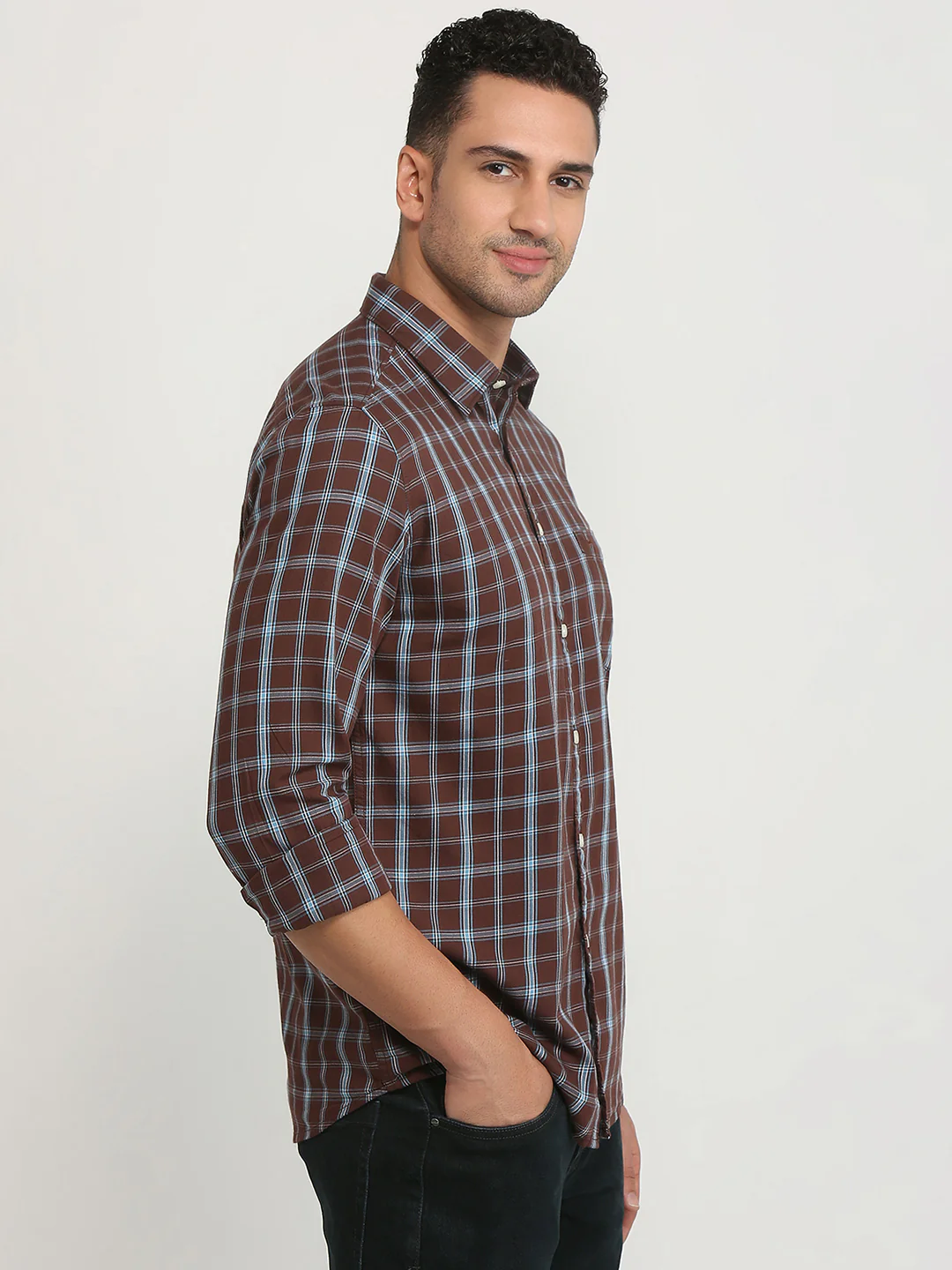 Parx Men Brown Checks Slim Fit Cotton Casual Shirt - Image 3