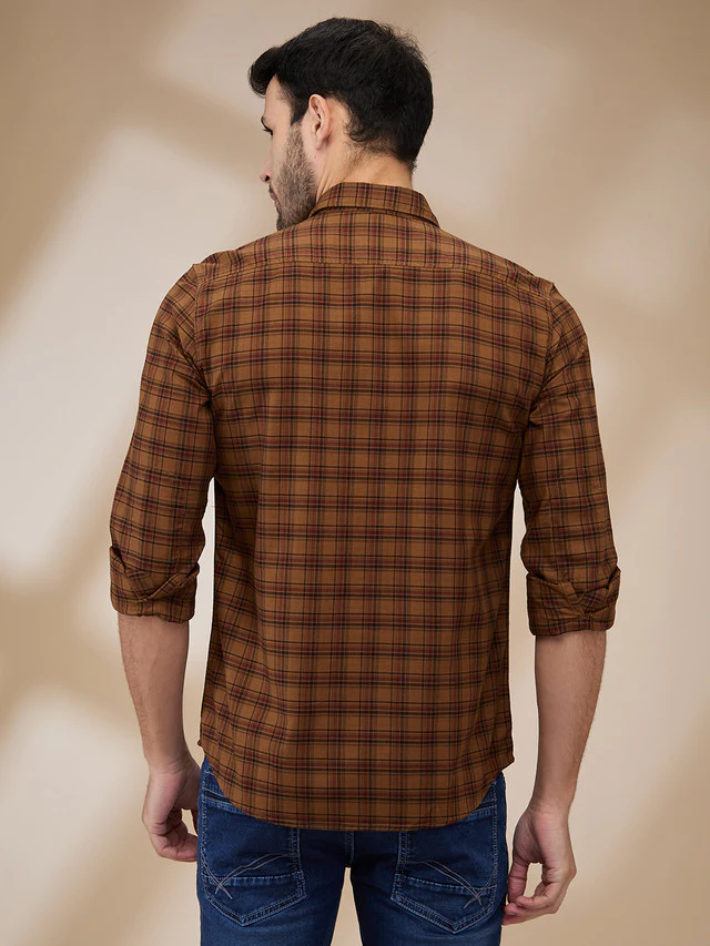 Parx Men Brown Checks Slim Fit Cotton Casual Shirt - Image 4