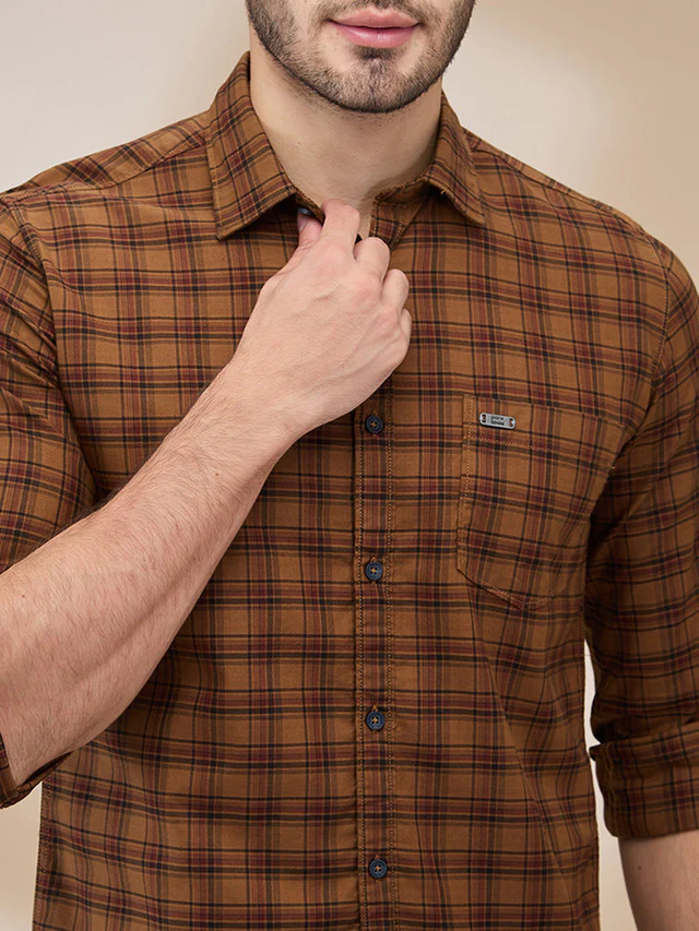 Parx Men Brown Checks Slim Fit Cotton Casual Shirt - Image 5