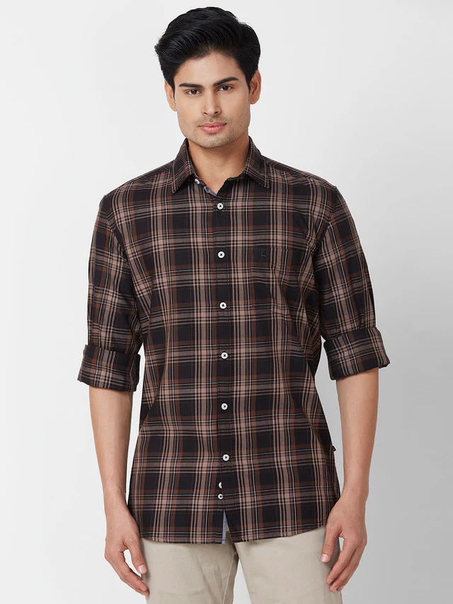Parx Men Brown Checks Slim Fit Cotton Casual Shirt