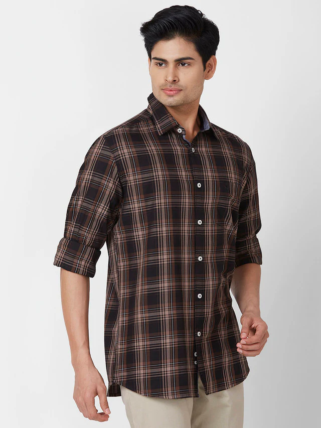 Parx Men Brown Checks Slim Fit Cotton Casual Shirt - Image 2