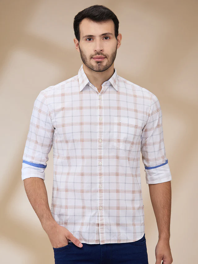 Parx Men Brown Checks Slim Fit Cotton Casual Shirt