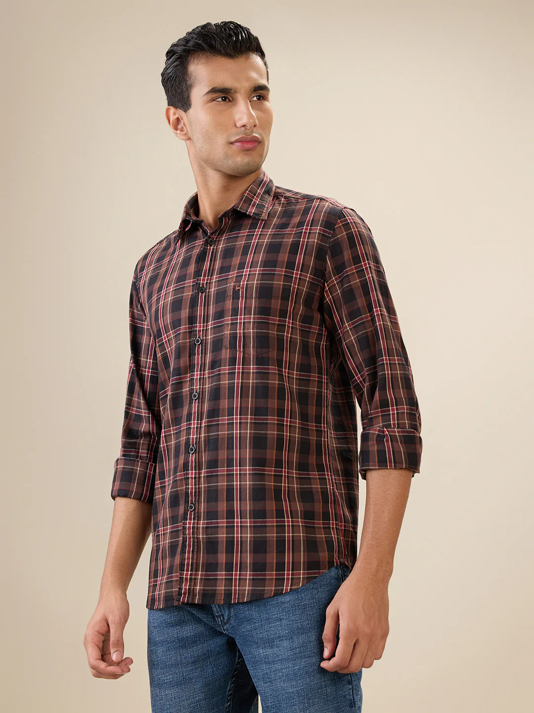 Parx Men Brown Checks Slim Fit Cotton Full Sleeve Cut Away Collar Casual Shirt - Image 2