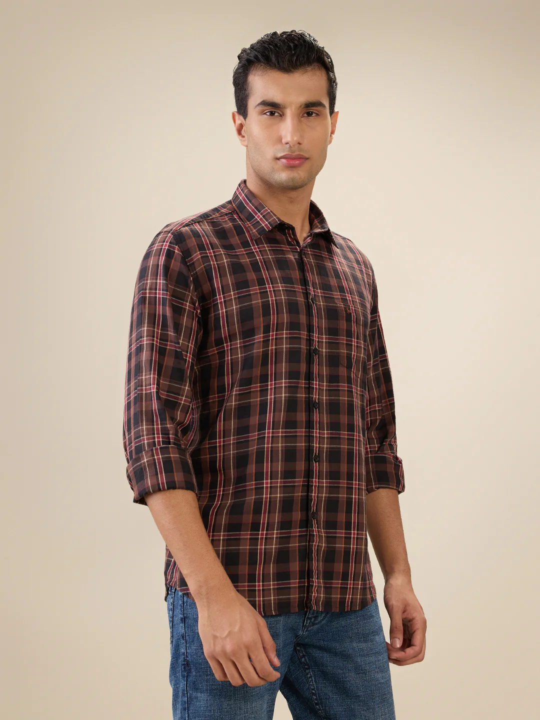 Parx Men Brown Checks Slim Fit Cotton Full Sleeve Cut Away Collar Casual Shirt - Image 3