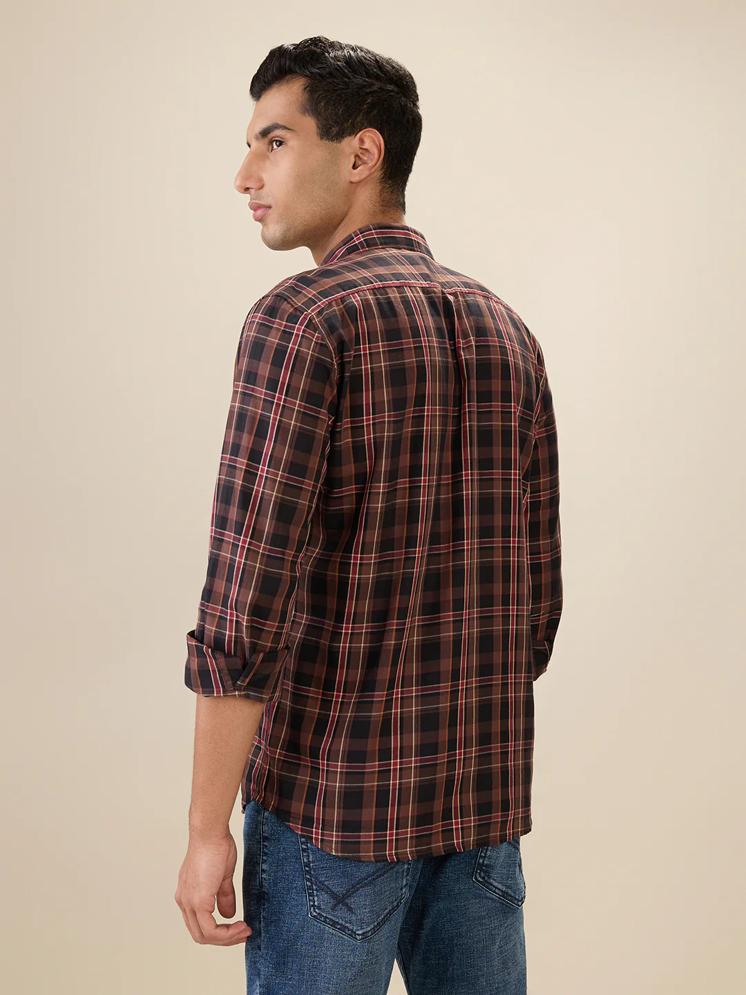 Parx Men Brown Checks Slim Fit Cotton Full Sleeve Cut Away Collar Casual Shirt - Image 4