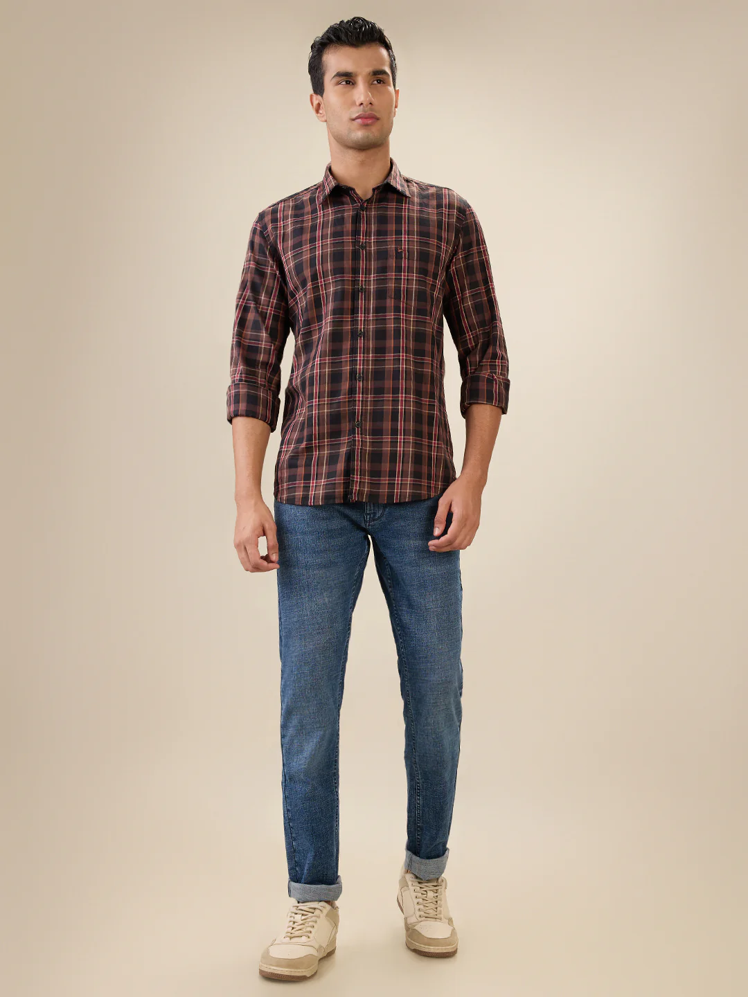 Parx Men Brown Checks Slim Fit Cotton Full Sleeve Cut Away Collar Casual Shirt - Image 5