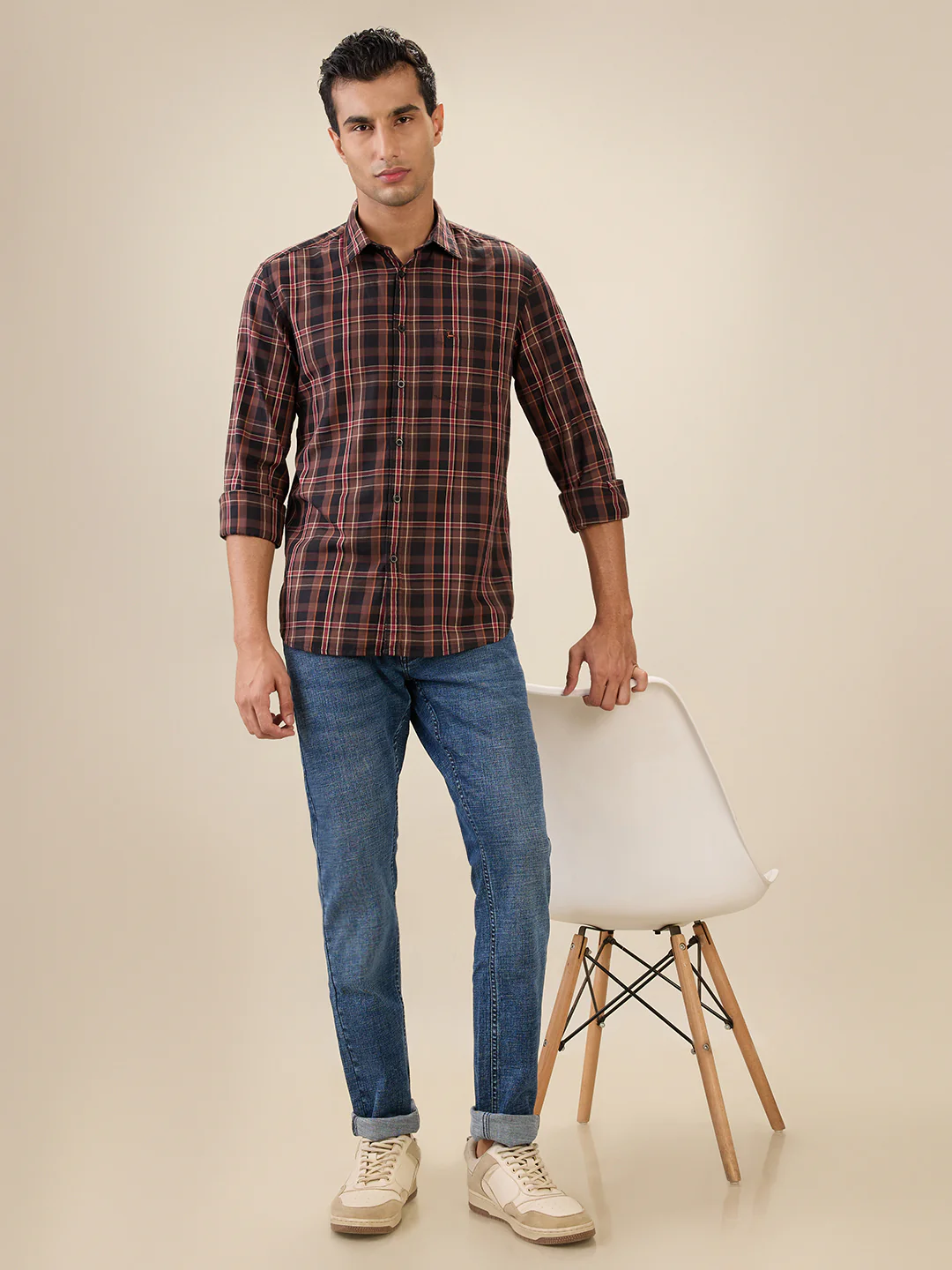 Parx Men Brown Checks Slim Fit Cotton Full Sleeve Cut Away Collar Casual Shirt - Image 6