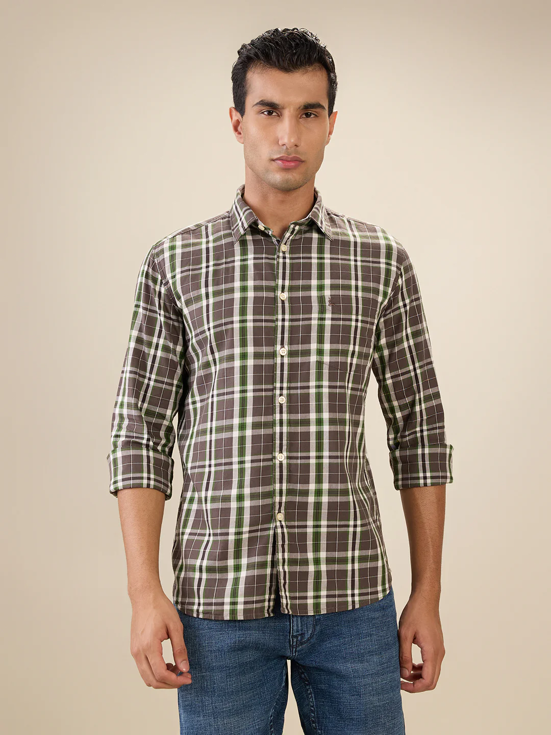 Parx Men Brown Checks Slim Fit Cotton Full Sleeve Cut Away Collar Casual Shirt