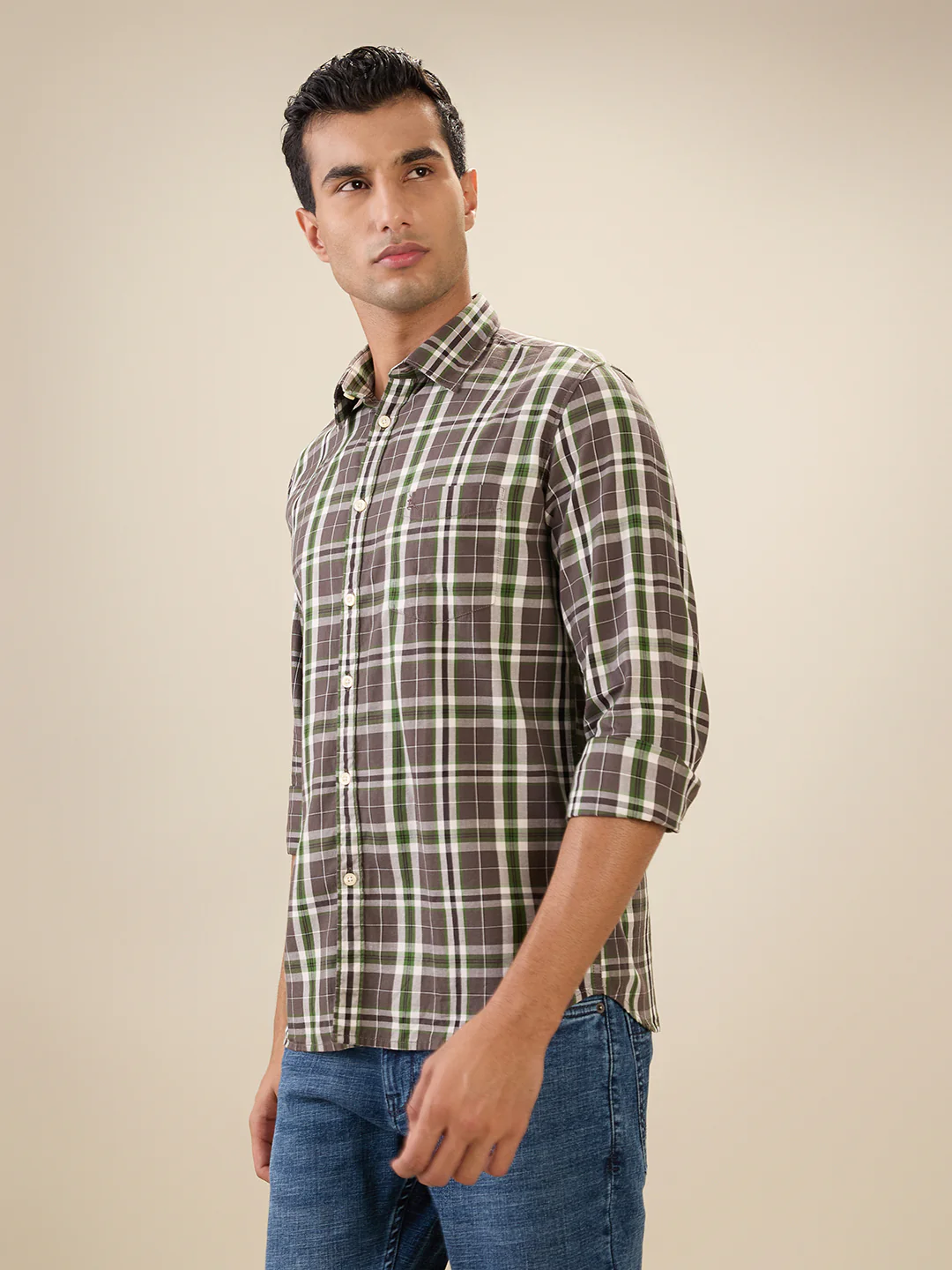 Parx Men Brown Checks Slim Fit Cotton Full Sleeve Cut Away Collar Casual Shirt - Image 2
