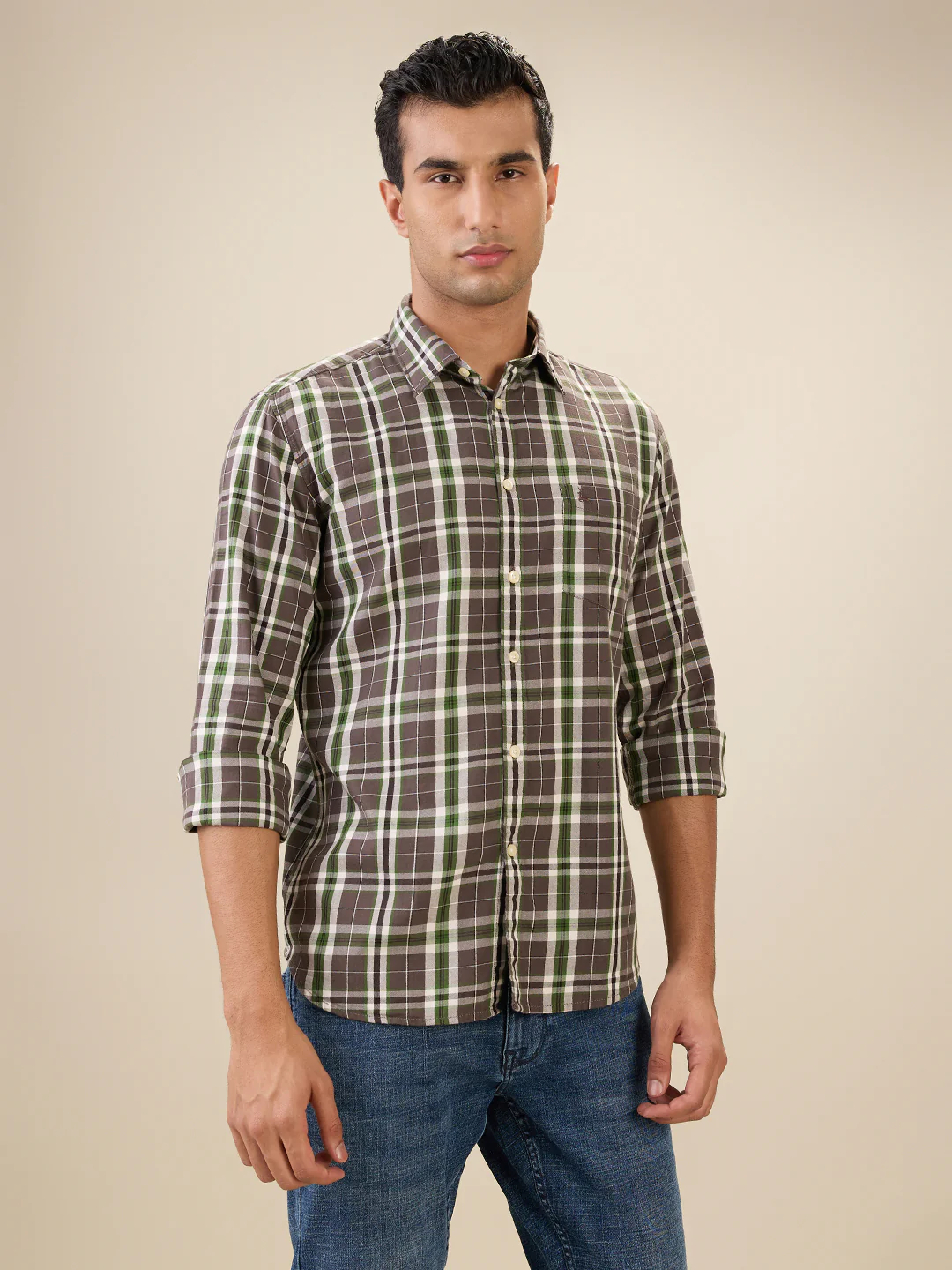 Parx Men Brown Checks Slim Fit Cotton Full Sleeve Cut Away Collar Casual Shirt - Image 3