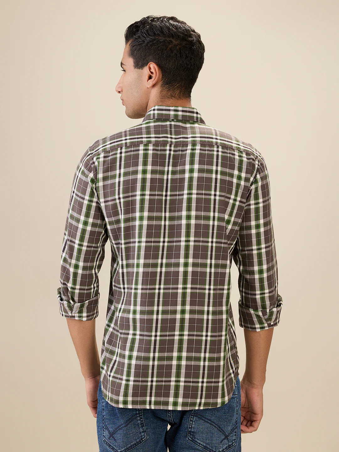 Parx Men Brown Checks Slim Fit Cotton Full Sleeve Cut Away Collar Casual Shirt - Image 4