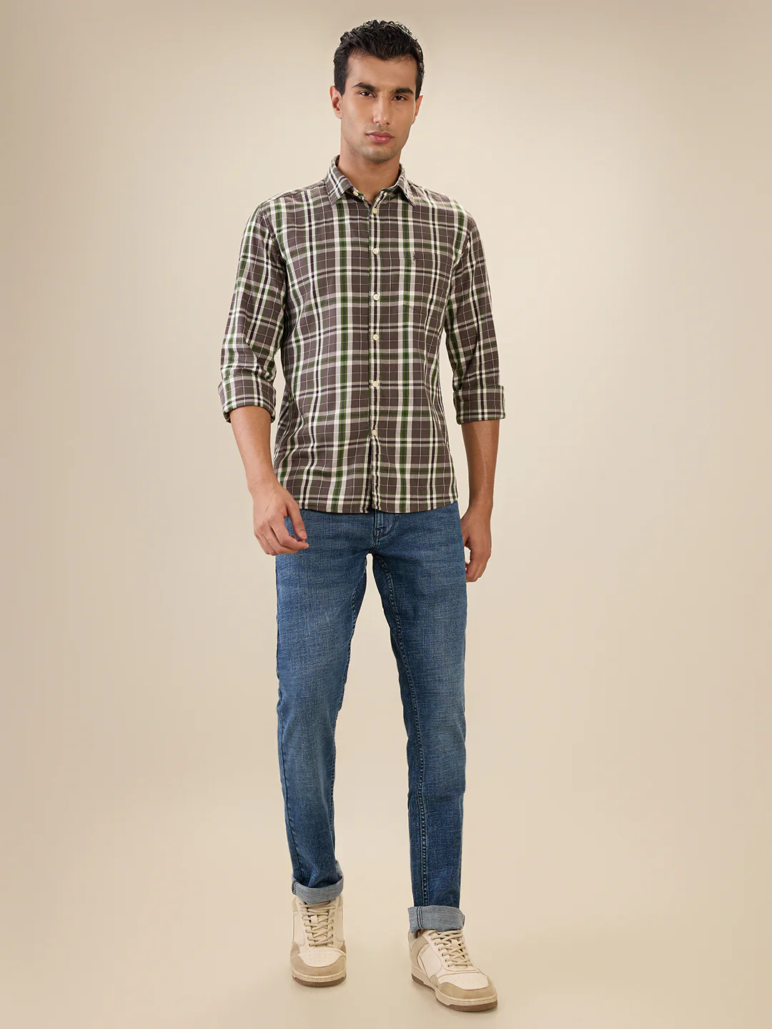 Parx Men Brown Checks Slim Fit Cotton Full Sleeve Cut Away Collar Casual Shirt - Image 5