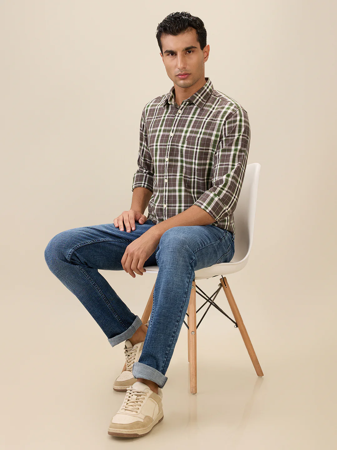 Parx Men Brown Checks Slim Fit Cotton Full Sleeve Cut Away Collar Casual Shirt - Image 6