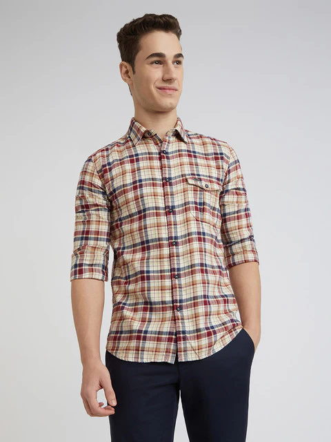 Parx Men Brown Checks Slim Fit Cotton Shirt