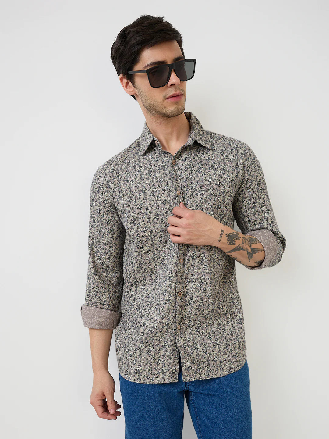 Parx Men Brown Print Slim Fit Cotton Casual Shirt