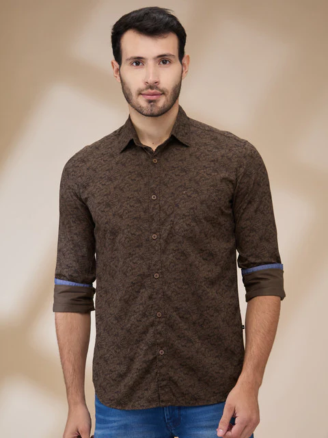 Parx Men Brown Printed Slim Fit Cotton Casual Shirts