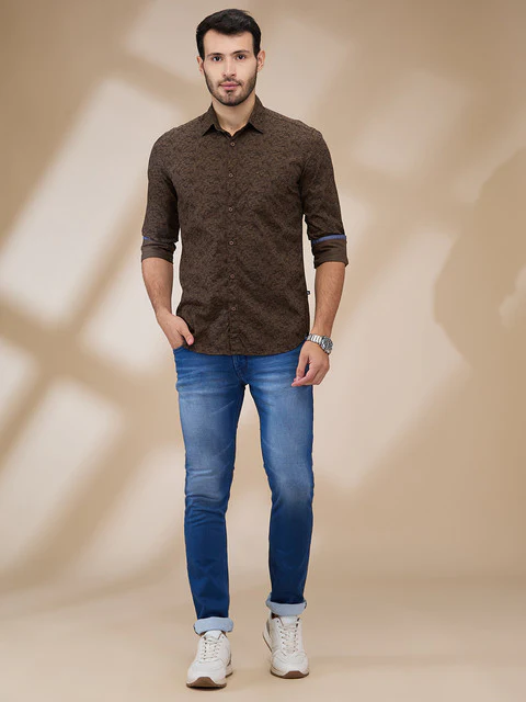 Parx Men Brown Printed Slim Fit Cotton Casual Shirts - Image 2