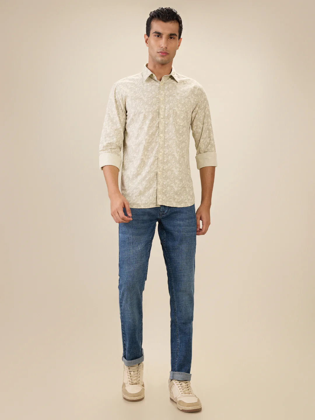 Parx Men Brown Printed Slim Fit Cotton Full Sleeve Cut Away Collar Casual Shirt - Image 5