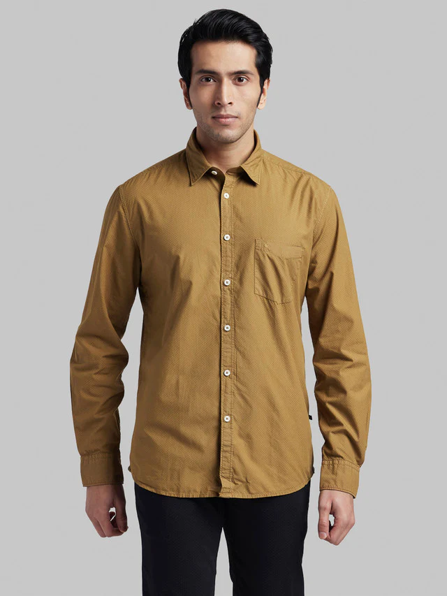 Parx Men Brown Self Design Slim Fit Full Sleeve Semi Cut Away Collar Shirt