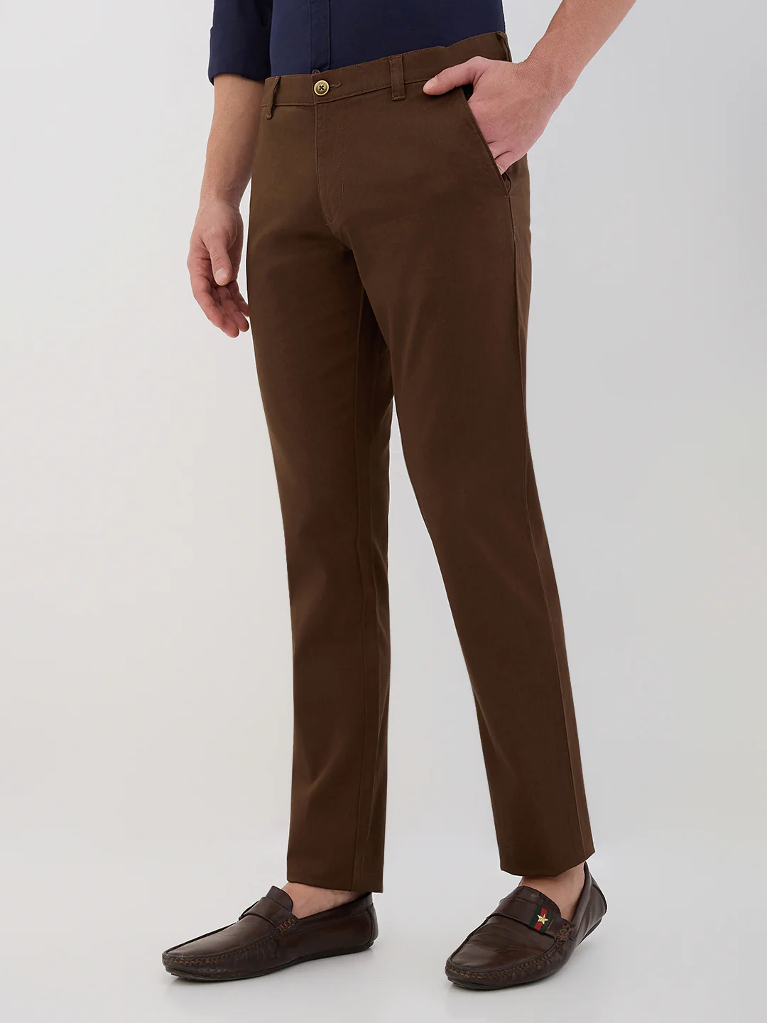 Parx Men Brown Solid Low Rise Tapered Cotton Blend Trouser - Image 2