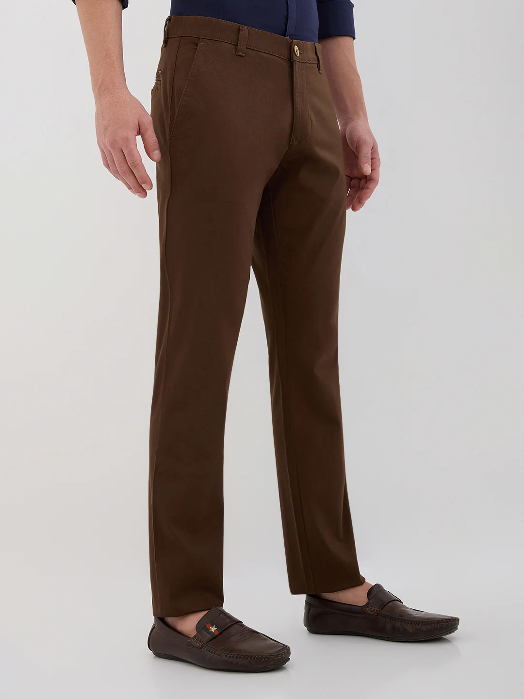 Parx Men Brown Solid Low Rise Tapered Cotton Blend Trouser - Image 3