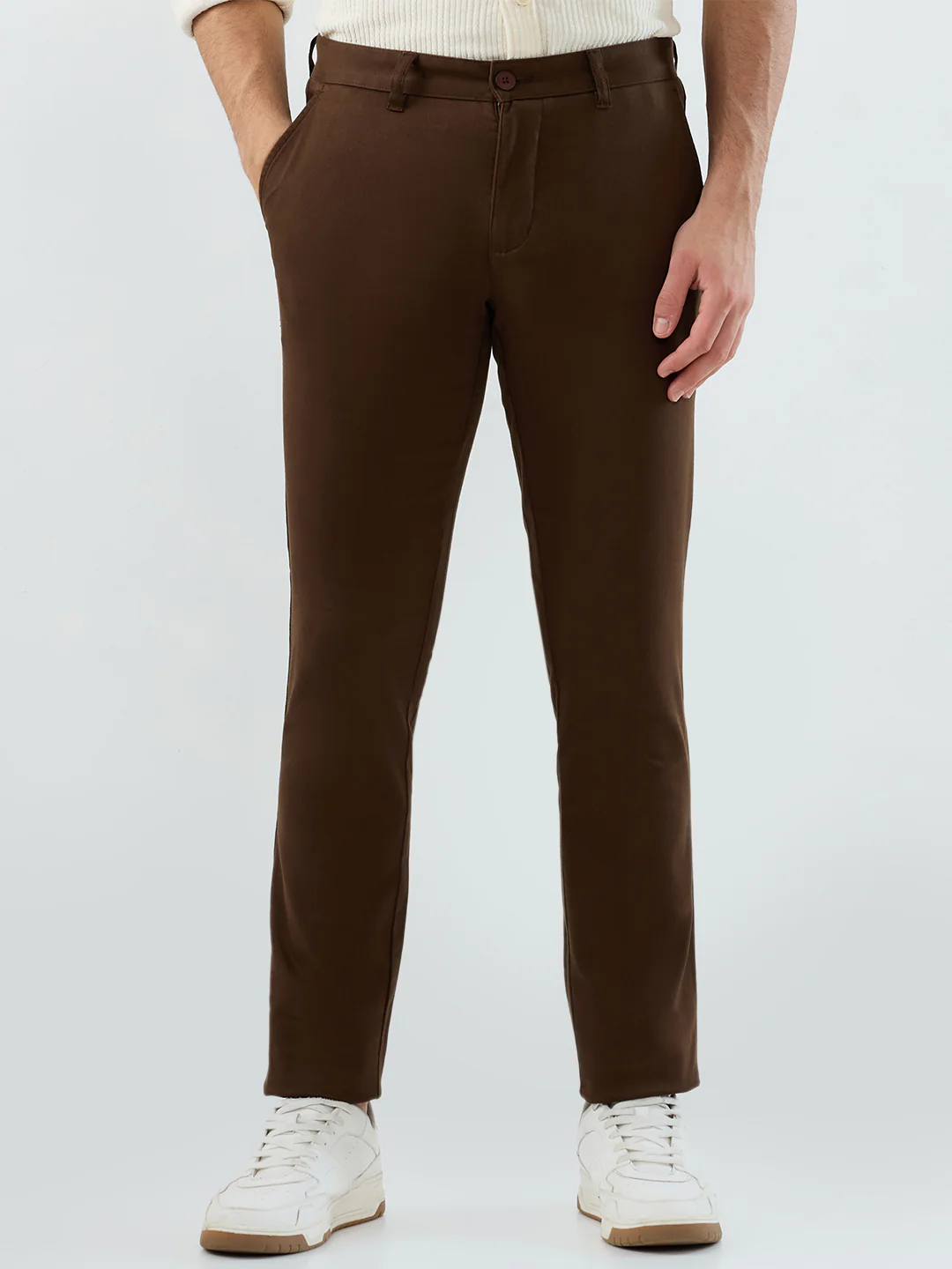 Parx Men Brown Solid Low Rise Tapered Fit Cotton Blend Trouser