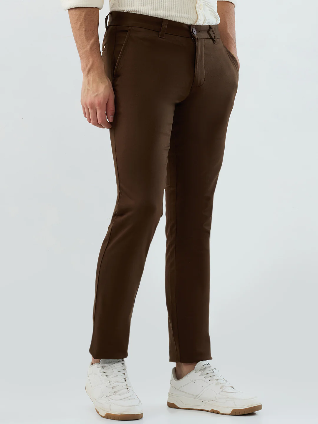 Parx Men Brown Solid Low Rise Tapered Fit Cotton Blend Trouser - Image 2