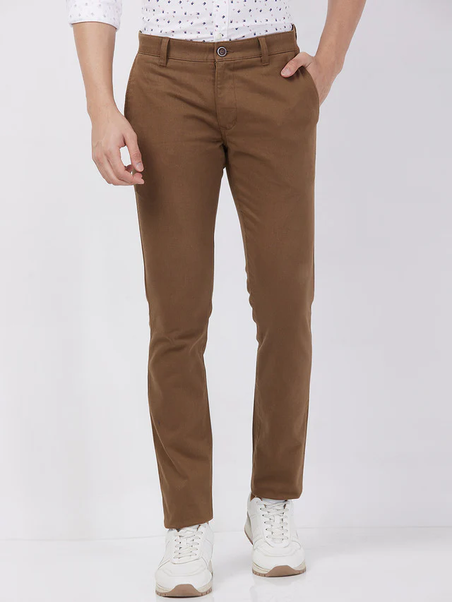 Parx Men Brown Solid Super Slim Cotton Blend Trouser