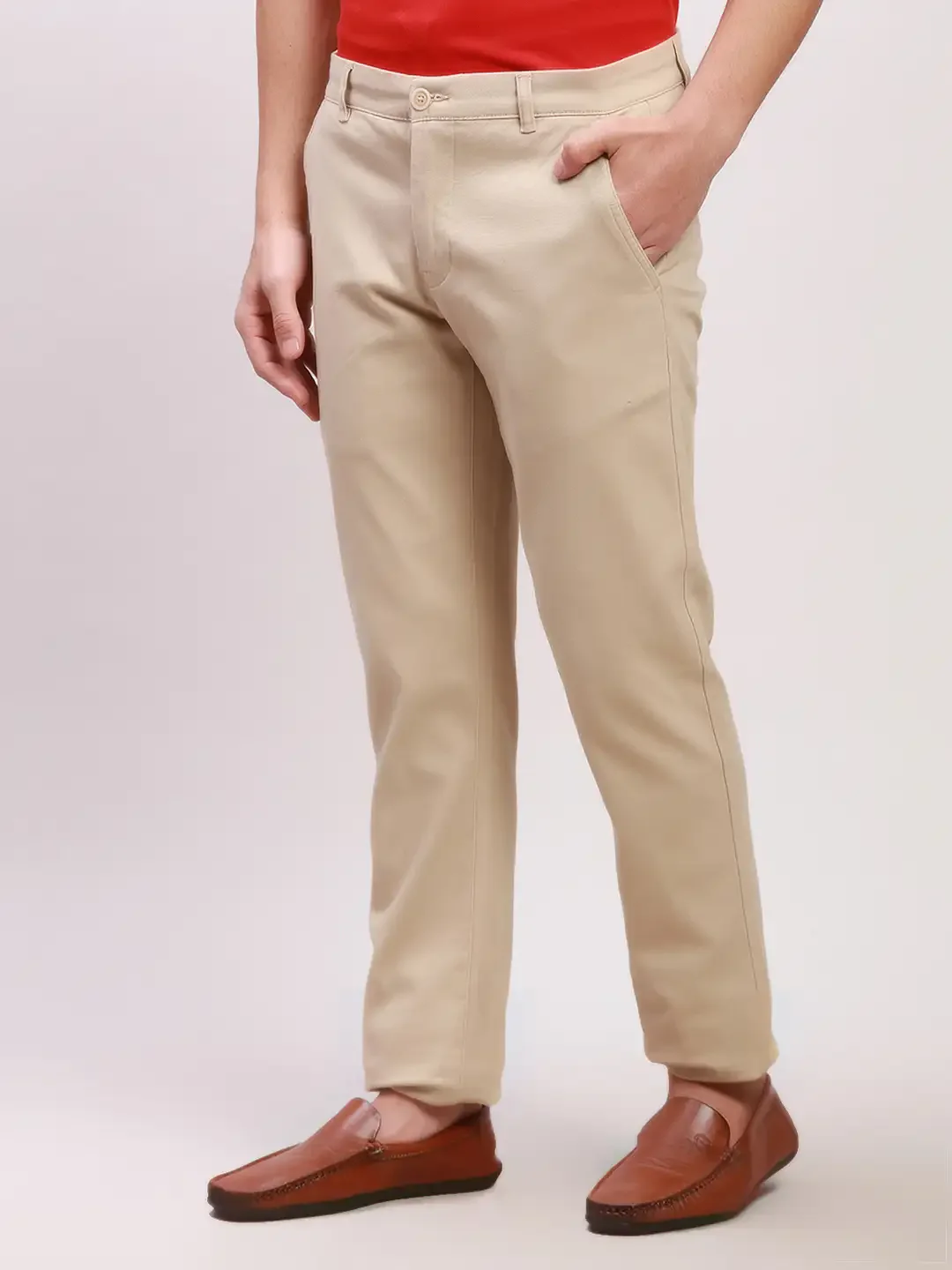 Parx Men Cream Solid Low Rise Tapered Fit Cotton Blend Trouser - Image 3