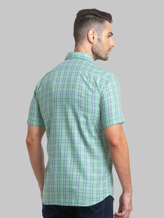 Parx Men Green Checkered Slim Fit Half Sleeve Semi Cut Away Collar Shirt - Image 4