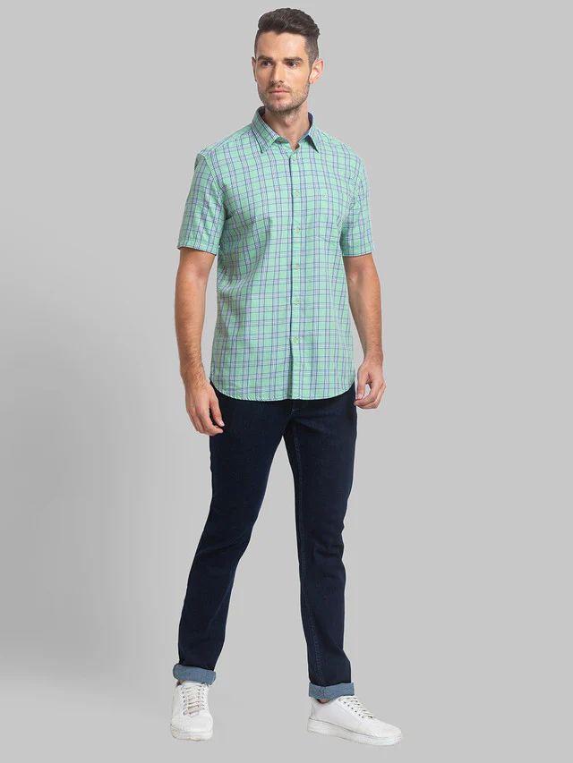 Parx Men Green Checkered Slim Fit Half Sleeve Semi Cut Away Collar Shirt - Image 5