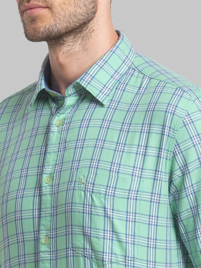 Parx Men Green Checkered Slim Fit Half Sleeve Semi Cut Away Collar Shirt - Image 6