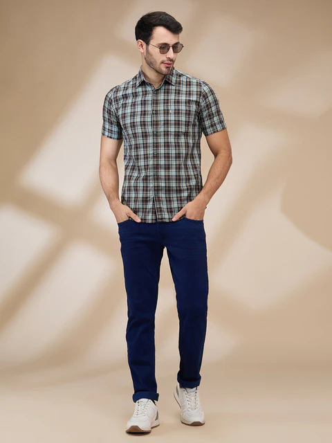 Parx Men Green Checks Slim Fit Cotton Blend Shirt - Image 2
