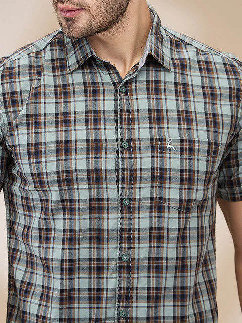 Parx Men Green Checks Slim Fit Cotton Blend Shirt - Image 5