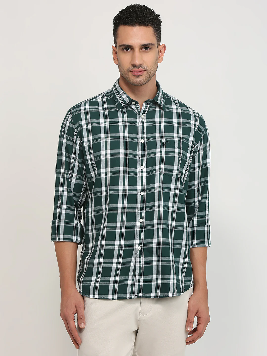 Parx Men Green Checks Slim Fit Cotton Casual Shirt