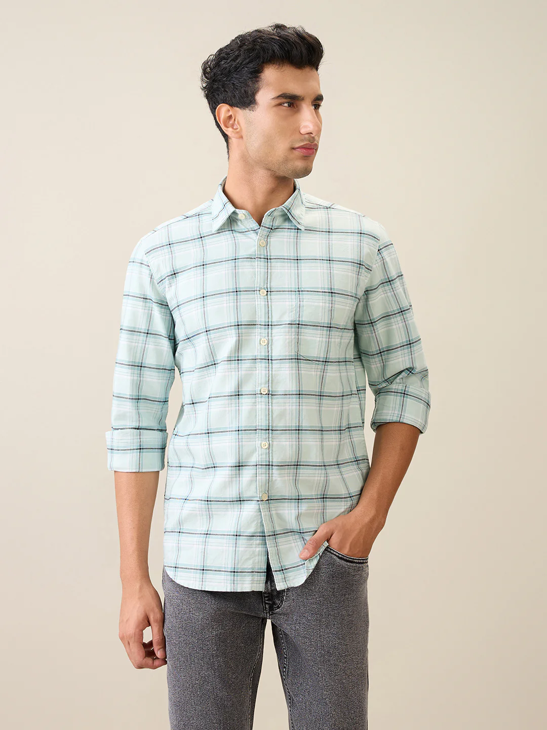 Parx Men Green Checks Slim Fit Cotton Casual Shirt
