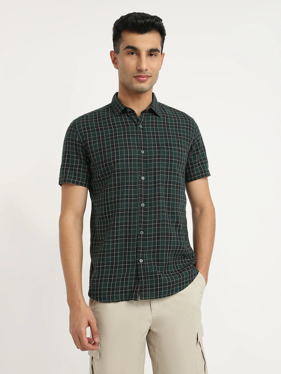 Parx Men Green Checks Slim Fit Cotton Casual Shirt
