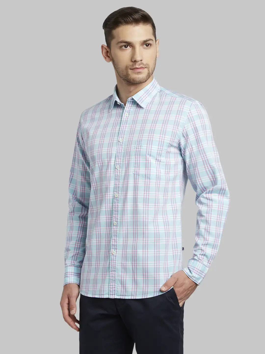 Parx Men Green Checks Slim Fit Cotton Full Sleeve Cutaway Collar Shirt - Image 3
