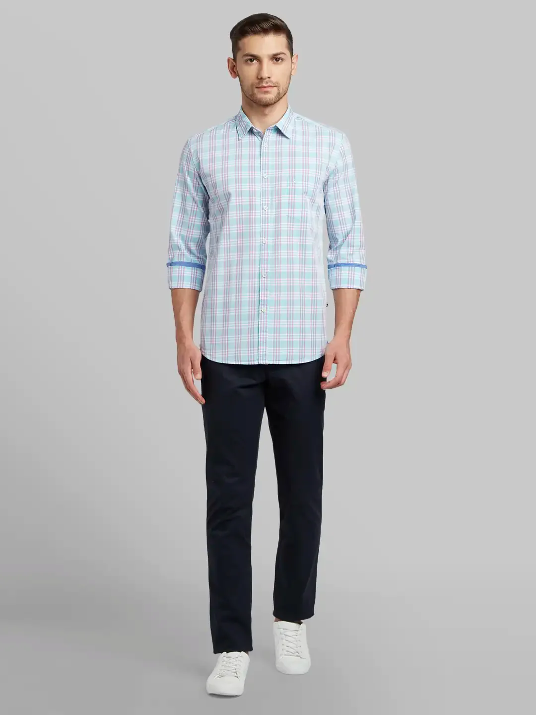 Parx Men Green Checks Slim Fit Cotton Full Sleeve Cutaway Collar Shirt - Image 5