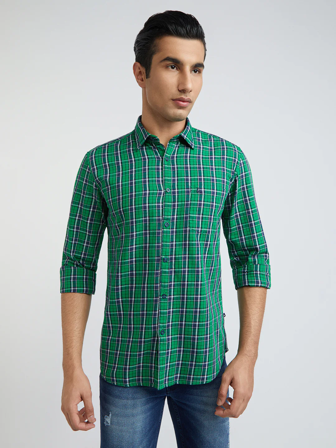 Parx Men Green Checks Slim Fit Cotton Full Sleeve Shirts
