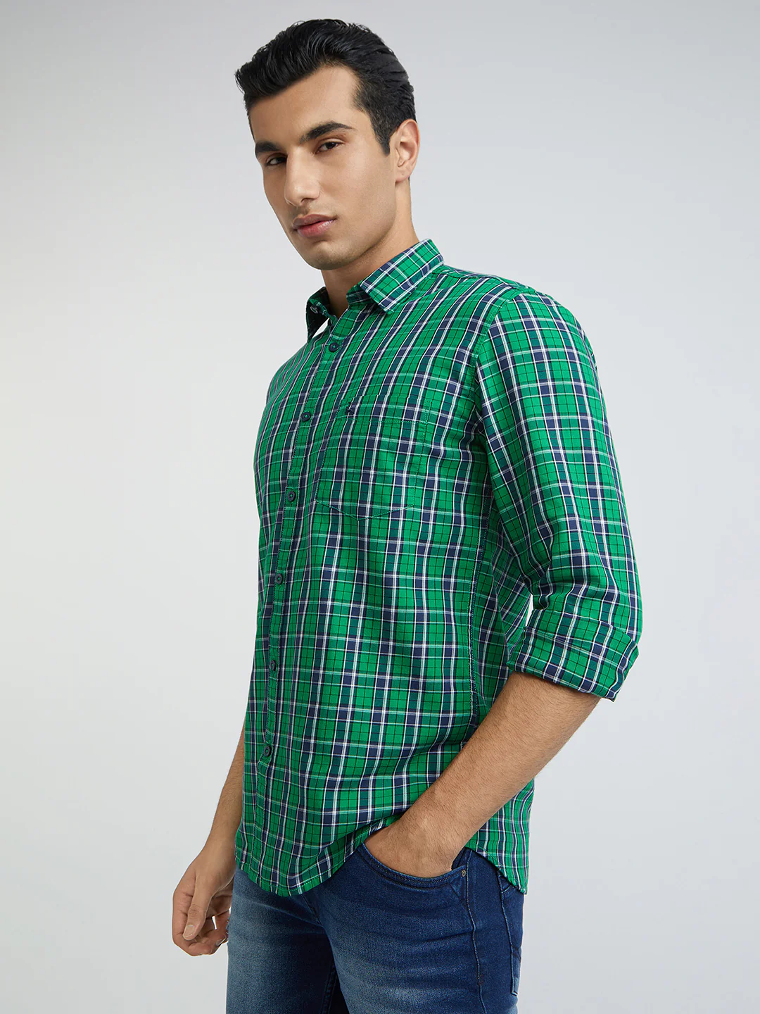 Parx Men Green Checks Slim Fit Cotton Full Sleeve Shirts - Image 3