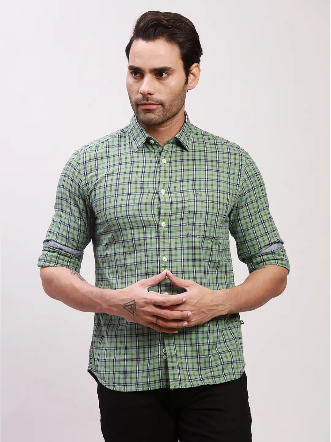 Parx Men Green Checks Slim Fit Cotton Full Sleeve Shirts
